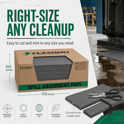 FLASHDRY Universal Spill Absorbent Pads, 17.5" x 13.5", 100-Count | Absorbs Oil, Grease, Coolant & Solvents, for Garages, Warehouses, Factories & Industrial Facilities, Comes in Dispener Box - size: 100 Pads - 2mm