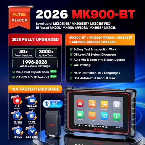 Autel MaxiCOM MK900BT Bidirectional Scanner, 40+ Service CAN FD DoIP | 2026 8In MK900-BT V2.0 of MK900 MK808S MK808BT PRO MX900 MX808S, 3000+ Active Tests 200+ Brands, OE OBD2 Diagnostic Tool FCA