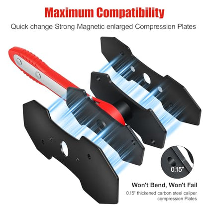 Brake Caliper Compression Tool, 360° Ratcheting Brake Pad Spreader | with 2 Strong Magnetic Plates & 4 caliper hangers, Fit for Front disc brake caliper of Cars, Trucks, and SUVs - color: Red