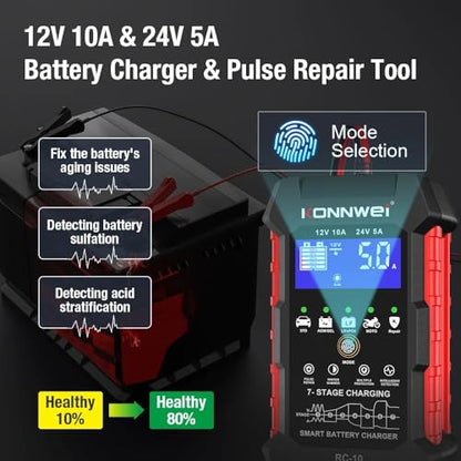 KONNWEI RC-10 Car Battery Tester 12V/24V – 7-Stage Automatic Charger and Pulse Repair Tool, Fast Charging, Trickle Mode, Overheat & Reverse Protection,Fast Charging for Car,Truck,Motorcycle,Marine