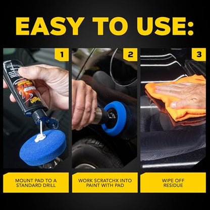 Meguiar's Quik Eraser Kit, Car Scratch Remover for Repairing Surface Blemishes, Car Scratch Repair Kit with ScratchX, Drill-Mounted Pad, and Microfiber Towel, 3 Count