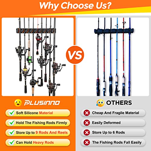 PLUSINNO V9 Vertical Fishing Rod Holders, Wall Mounted Fishing Pole Holders, Fishing Rod Rack Holds Up to 9 Rods or Combos, Fishing Rod Holders for Garage,Fishing Gear and fishing Gifts for Men - style: Orange 1-pack (store 9 combos)