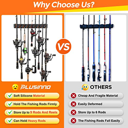 PLUSINNO V9 Vertical Fishing Rod Holders, Wall Mounted Fishing Pole Holders, Fishing Rod Rack Holds Up to 9 Rods or Combos, Fishing Rod Holders for Garage,Fishing Gear and fishing Gifts for Men - style: Orange 1-pack (store 9 combos)