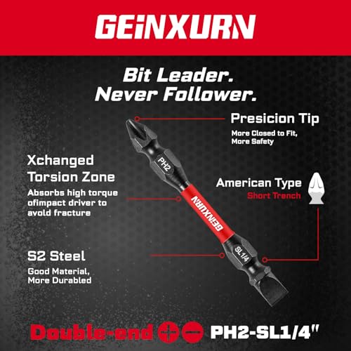 Geinxurn 10Pcs SL1/4-PH2 Impact Double End Screwdriver Bit Set, 2.56 in. #2 Phillips/Power Driver Bits, Magnetic S2 Steel Two Sides Screwdriver Bits Set with Storage M-Box - style: 2.56"-PH2/SL1/4-10PC