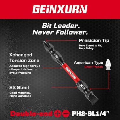 Geinxurn 10Pcs SL1/4-PH2 Impact Double End Screwdriver Bit Set, 2.56 in. #2 Phillips/Power Driver Bits, Magnetic S2 Steel Two Sides Screwdriver Bits Set with Storage M-Box - style: 2.56"-PH2/SL1/4-10PC