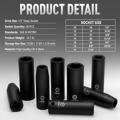 DISEN 20PCS 1/2" Impact Socket Set, Deep Sockets SAE 13/16"-3/8" & Metric 10-24mm, 6-Point Cr-V & Alloy Steel, 1/2 Inches Drive Impact Socket Set,Rugged Construction, Enhanced Storage Case - style: 1/2“ 20PCS Deep