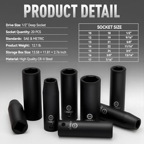 DISEN 20PCS 1/2" Impact Socket Set | Deep Sockets SAE 13/16"-3/8" & Metric 10-24mm, 6-Point Cr-V & Alloy Steel, Rugged Construction, Enhanced Storage Case - style: 1/2“ 20PCS Deep