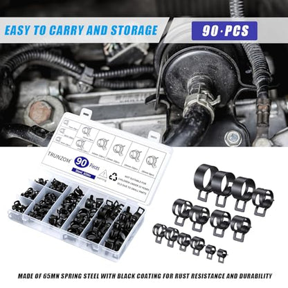 90Pcs 7-18mm Spring Hose Clamps Kit, Black Small spring Clamp, Constant Tension Steel Clamps for Automotive Fuel Lines, Silicone Vacuum Hoses, Low-Pressure Air Clips - size: 90 pcs