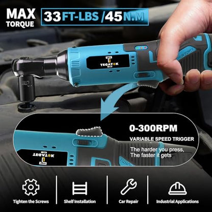 Tegatok Cordless Electric Ratchet Wrench Set, 40FT-LBS (45N.m) 3/8" Electric Ratchet, 12V Cordless Ratchet Wrench, 2 x 2.0Ah Batteries Impact for Car Home, Blue