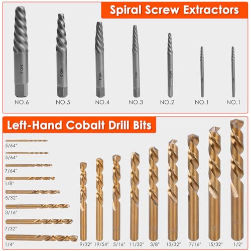 65-Piece Broken Bolt Extractor Kit with Easy Out Screw Extractor Set | for Damaged, Rusted, Rounded-Off, Stripped Fasteners, 8-19mm, Cr-Mo Steel & HSS, with Left Hand Drill Bit Set, Storage Case - size: 65-Piece