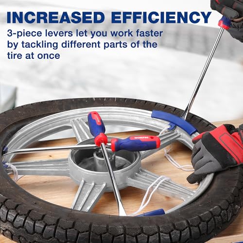 WORKPRO 14.5” Tire Spoons Set, 23-Piece Steel Tire Removal Tool Set | 3-Piece Tire Spoons, 3-Piece Rim Protectors, Valve Tool, 6-Piece Valve Cores, 10-Piece Valve Caps, Storage Bag, Tire Iron Set