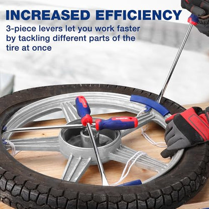 WORKPRO 14.5” Tire Spoons Set, 23-Piece Steel Tire Removal Tool Set | 3-Piece Tire Spoons, 3-Piece Rim Protectors, Valve Tool, 6-Piece Valve Cores, 10-Piece Valve Caps, Storage Bag, Tire Iron Set
