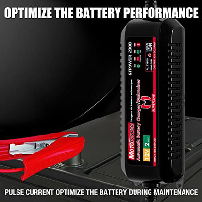 MOTOPOWER MP00207A 12V 2Amp Automatic Battery Charger Maintainer | For Lead-Acid & Lithium Batteries