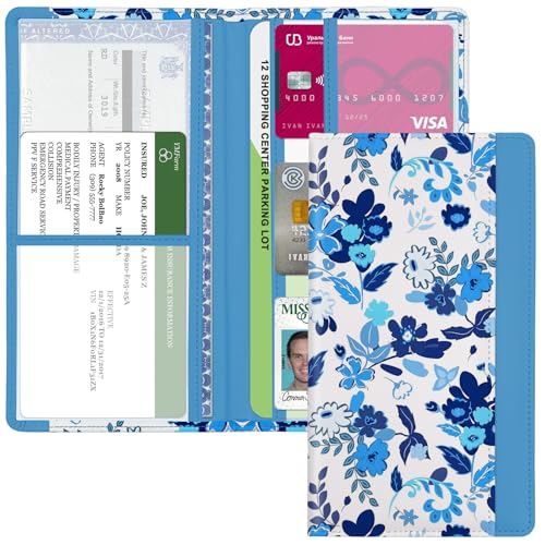 Car Registration and Insurance Holder, with Magnetic Closure for License, Cards and Documents, All Vehicle Needs and Car Accessories (Flower-Blue) - color: Flower-Blue