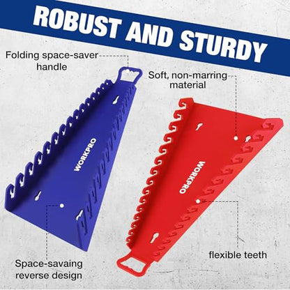WORKPRO Magnetic Wrench Organizer, 15-Slot Gripper Wrench Holder | 2-Pack Wrench Rack for Tool Box, Fits SAE (1/4" to 1-1/16") and Metric (6mm to 27mm), Flexible Grips, Blue and Red - style: 15-Slots Wrench Organizer(2PC)