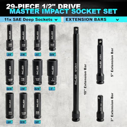 1/2" 29PCS Impact Socket Set, Upgrade CR-MO 6 Point Socket Set,SAE (3/8"-1") & Metric (10-24mm), Standard & Deep Sockets with Extension Bars, High Torque, Ideal for Truck Bearing Locknut. - size: 1/2inch 29PCS DEEP
