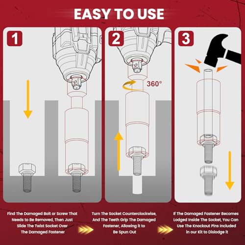 2-in-1 Lug Nut Removal Tool & Impact Socket Set, with 1/2" Drive, Easy Out Broken Bolt Extractor Kit, Ez Out Stripped Wheel Lock for Removing Rounded, Rusted Bolts, Nuts & Screw 7-Pieces(Red) - color: 7pcs