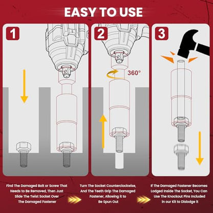 2-in-1 Lug Nut Removal Tool & Impact Socket Set, with 1/2" Drive, Easy Out Broken Bolt Extractor Kit, Ez Out Stripped Wheel Lock for Removing Rounded, Rusted Bolts, Nuts & Screw 7-Pieces(Red) - color: 7pcs