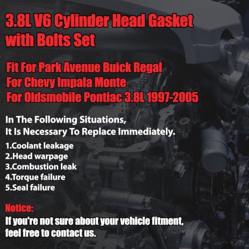 3.8L V6 Cylinder Head Gasket with Bolts Set | Fit For Park Avenue Buick Regal Chevy Impala Monte Oldsmobile Pontiac 3.8L 1997-2005 OE#HS9917PT-3 ES74033 - color: For GM 3.8L 1997-2005
