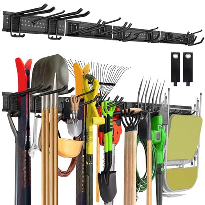 64-Inch Garage Storage Tool Organizer Wall Mount, Heavy Duty Garage Organization Metal Rack with 12 Hooks, Garden Tool Hanger Holder for Broom, Shovels, Ladders, Lawn Tools - size: 64" 4 Panels & 12 Hooks