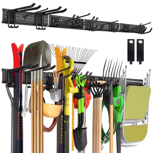 64-Inch Garage Storage Tool Organizer Wall Mount, Heavy Duty Garage Organization Metal Rack with 12 Hooks, Garden Tool Hanger Holder for Broom, Shovels, Ladders, Lawn Tools - size: 64" 4 Panels & 12 Hooks