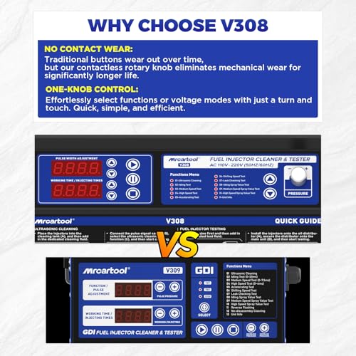 MRCARTOOL V308 Fuel Injector Cleaner Machine with Pulse Ultrasonic Cleaning | 2L Heated Cleaning Tank, 4 Cylinder Tests for Leaks, Uniform, Spray Pattern & Flow, Fixes Misfires Rough Idle for Cars motors - size: V308