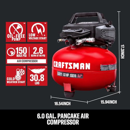CRAFTSMAN 6-Gal 150 PSI Oil-Free Pancake Air Compressor with 25-ft Hose | 2.6 SCFM at 90 PSI with Dual Couplers for Nailers, Tire Inflation, and Woodworking