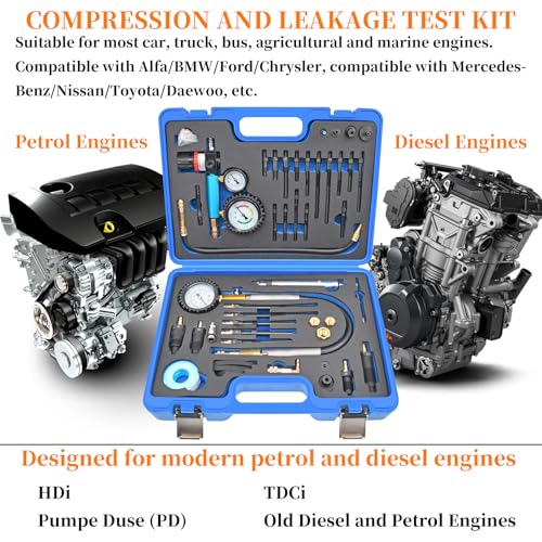 46PCS Compression and Leakage Test with Dual-Scale Diesel Pressure Gauge | Petrol & Diesel Dual Gauge Engine Compression Tester for HDI, TDCi, Pumpe Duse Engine, Automotive Cylinder Leak Down Tester