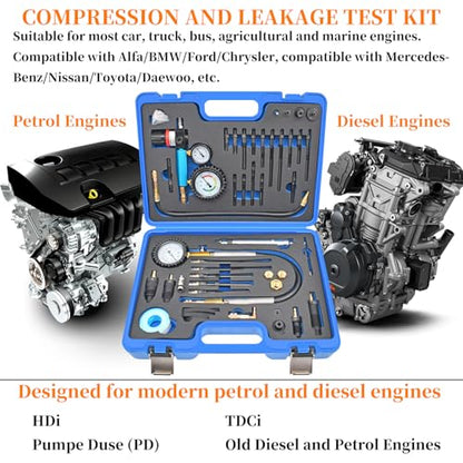 46PCS Compression and Leakage Test with Dual-Scale Diesel Pressure Gauge | Petrol & Diesel Dual Gauge Engine Compression Tester for HDI, TDCi, Pumpe Duse Engine, Automotive Cylinder Leak Down Tester