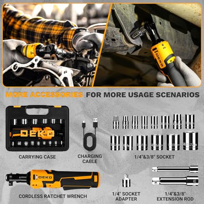 DEKOPRO Cordless Electric Ratchet Wrench Set 3/8" 450RPM Power Ratchet Tool Kit, 19Pcs Cordless Ratchets Wrench Set with Variable Speed,14 Sockets,3/8" to1/4 Adapter,2 Extension Bars, Charging Line