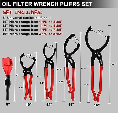 5Pcs Adjustable Oil Filter Pliers Set, Universal Oil Filter Removal Tool with Small Oil Funnel, 10" & 12" & 14" & 16" Oil Fliter Wrench From 1-1/4" to 8-1/2" - size: 5 PACK