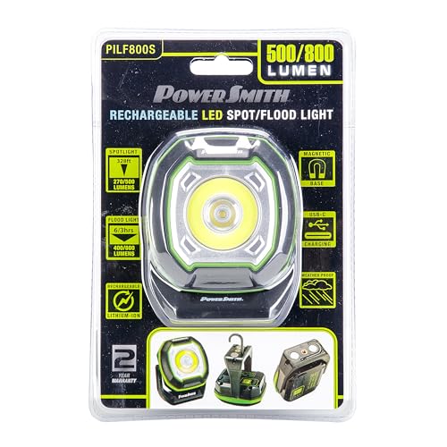 PowerSmith Rechargeable Work Light Magnetic Work Light 800 Lumen Flood Light 500 Lumen Spot Light, Hook and 1/4" Threaded Fitting for Tripod, USB Output (PILF800S) | Rechargeable Magnetic LED Work Light