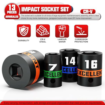 13 Pieces 3/8-Inch Drive Impact Socket Set, 7-19mm Shallow Socket, 6 Point Metric Sockets for Automotive Repair, Equipment Maintenance - size: 3/8 Inch Metric