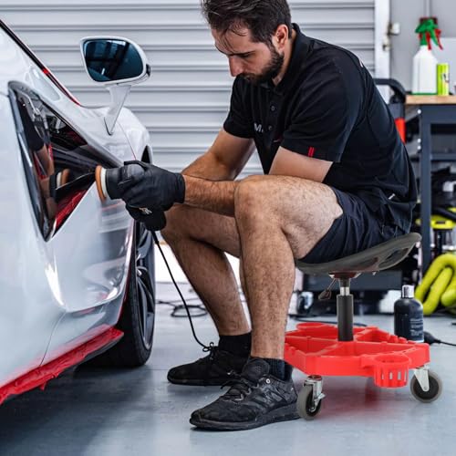 M-AUTO Padded Seat Shop Chairs for Garage with Wheels, 17.5”-22.5” Height Adjustable Swivel Mechanics Seat with Tool Organizer Tray for Garage and Garden, 300lbs Capacity - size: 22.5"