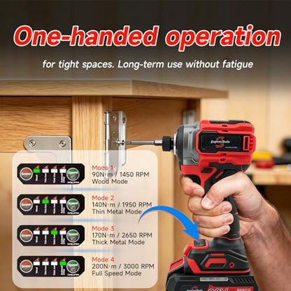 21V Brushless 1/4'' Impact Driver kit,with 2*2.0AH Batteries,300N.m High Torque,4-Speed Adjustable Torque with Memory Function,Variable Speed ＆Brake Stop,LED Light,for Wood Metal Drilling