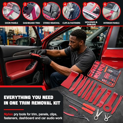 19Pcs Trim Removal Tool Kit, Premium Car Panel Plastic Pry Set with Clip Pliers and Fastener Remover, Door Panel Dashboard Audio Radio Upholstery Molding