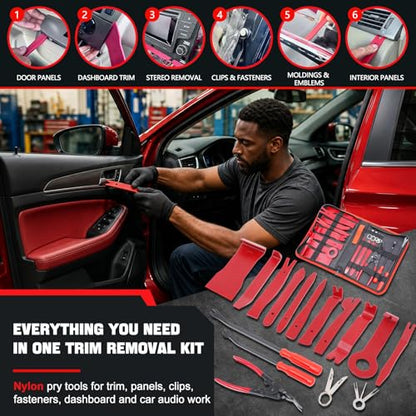 19Pcs Trim Removal Tool Kit, Premium Car Panel Plastic Pry Set with Clip Pliers and Fastener Remover, Door Panel Dashboard Audio Radio Upholstery Molding