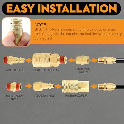 1/4" NPT Air Fittings Kit 22 Pcs — Male & Female Couplers and Plugs, 360° Swivel Coupling, Hex Extension Nipple, Tube Cutter| Air Compressor Accessories for Pneumatic Tools, Nail Gun, Spray Gun - size: 22 PCS