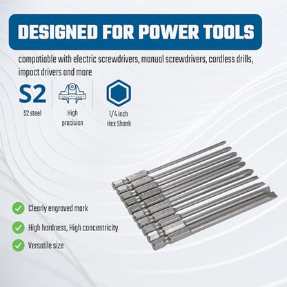 VESTTIO 10PCS Long Screwdriver Bit Sets, 4 Inch/100 mm | 4 Slotted 6 Phillips, 1/4 inch Hex Shank, S2 Steel, Magnetic Bit Assortment - size: 4SL6PH / 4 inch