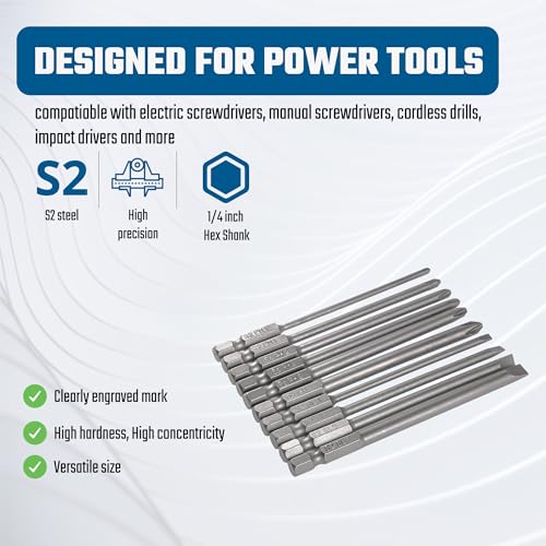 VESTTIO 10PCS Long Screwdriver Bit Sets, 4 Inch/100 mm | 4 Slotted 6 Phillips, 1/4 inch Hex Shank, S2 Steel, Magnetic Bit Assortment - size: 4SL6PH / 4 inch