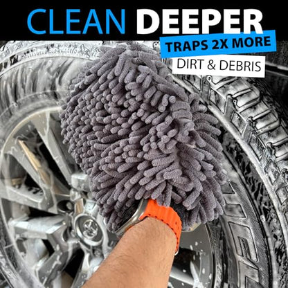2 Pack Car Wash Mitt Microfiber - Double-Sided 70/30 Premium Chenille for Scratch-Free, Lint-Free Detailing - High-Density, Extra-Absorbent Wash Mitts for Car Washing & Accessories - Large 11x8 Inch