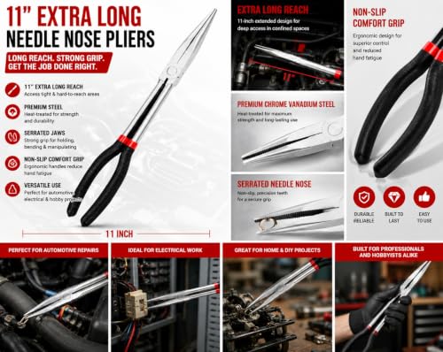 11-Inch Extra Long Needle Nose Pliers, Premium Heavy Duty Long Reach Needlenose Pliers, Non-Slip Grips, Ideal for Professionals Electrical and Hobbyists Alike