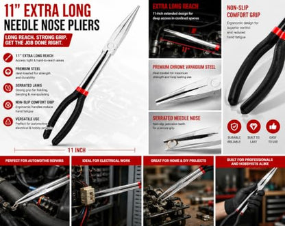 11-Inch Extra Long Needle Nose Pliers, Premium Heavy Duty Long Reach Needlenose Pliers, Non-Slip Grips, Ideal for Professionals Electrical and Hobbyists Alike