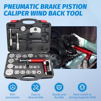 Angchun Pneumatic Brake Caliper Compression Tool, 28-Piece Heavy Duty Disc Brake Caliper Piston Compressor Rewind Tool Set Wind Back Tool Kit with 23 Adapters for Brake Pad Replacement Reset - size: 28PCS Pneumatic Brake Caliper Compression Tool