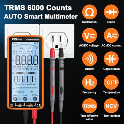 FKM Rechargeable Digital Multimeter Tester Auto-Ranging TRMS 6000 Counts | Smart Voltmeter Electrical Tester Measures AC/DC Current,Voltage,Capacitance,Resistance,NCV,Amp,Ohm,Diodes,Countinuity,Temp - style: Digital Multimeter（5" Backlit Screen）