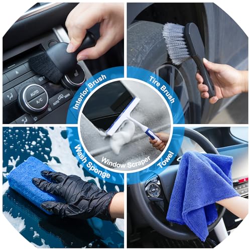 29Pcs Car Detailing Kit Wash Cleaning Kits with Pump Foam Sprayer Collapsible Bucket Wash Brush Large Wash Mitt Towels Complete Interior Exterior Car Detailing Supply Set Blue - size: 29Pcs