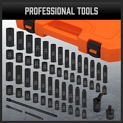 HORUSDY 56-Piece 1/4" Drive Impact Socket Set, Standard SAE (5/32 to 9/16 inch) and Metric (4-15mm) Size, 6 Point, Cr-V, 1/4-Inch Drive Ratchet Wrench, Drive Extension Bar, Impact Universal Joint - style: 56PC 1/4" Set + Ratchet