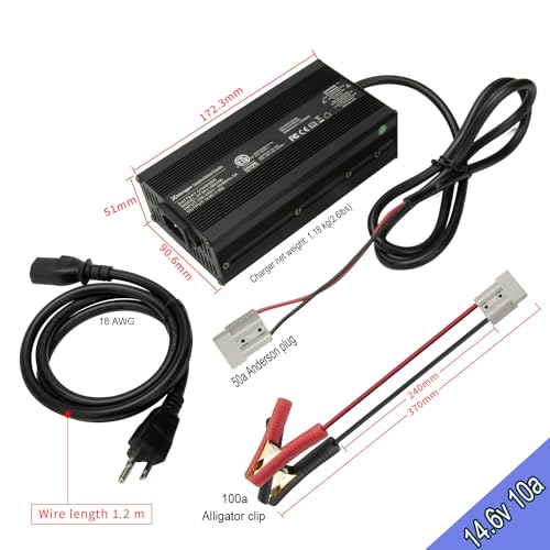 14.6V 10A LiFePO4 Battery Charger, 12V 4-String Lithium Smart Charger with Anti-Spark & Active PFC, Wide 90-264V AC for RV/Deep Cycle, Anderson to Alligator Clips - size: 12v 10a