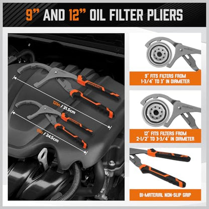 11-Piece Oil Filter Wrench Set with Storage Case - Swivel Wrenches Fit 2-3/4" to 5-1/4", Adjustable Filter Pliers (9" & 12"), Valve Lapper Set, 3-Jaw Socket, Ratchet Handle for Garage, Roadside Repair