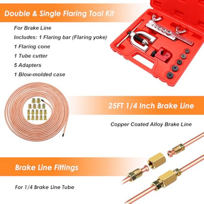 25 ft 1/4Inch Copper Coated Brake Line Kit(Includes 24 Fittings and 4 Unions) with Double & Single Flaring Tool Kit - size: 1/4 Inch Gold, style: Brake Line Kit